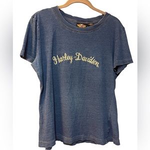 🔥🔥🔥Harley Davidson Denim Blue Embroidered Short Sleeve Shirt
